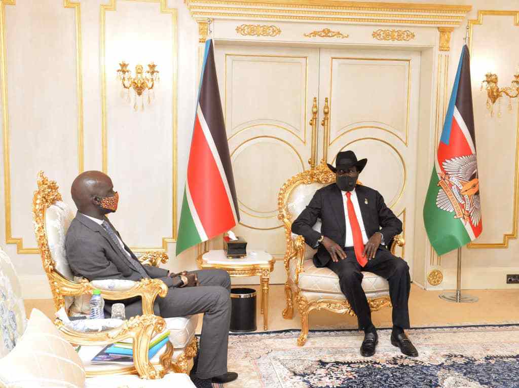 H.E. President Gen. Salva Kiir, President of the Republic of South Sudan and H.E. Puot Kang Chol, Minister of Petroleum of South Sudan, 28 June 2021 in Juba, South Sudan. Image source: South Sudan's Ministry of Petroleum